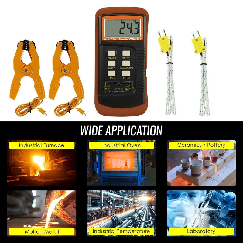 DANOPLUS K Type Thermocouple Thermometer (-50~1300°C), Dual Channels Digital Thermometer with 2 Temperature Clamp 2 Wired Thermocouple Probes, High Accuracy Temperature Kelvin Scale Meter Tester - Image 2